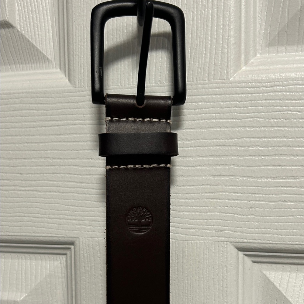 Timberland Dark Brown Leather Belt with Matte Black Buckle